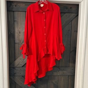 Unknown Brand Red Ruffled High-Low Button-Up Top